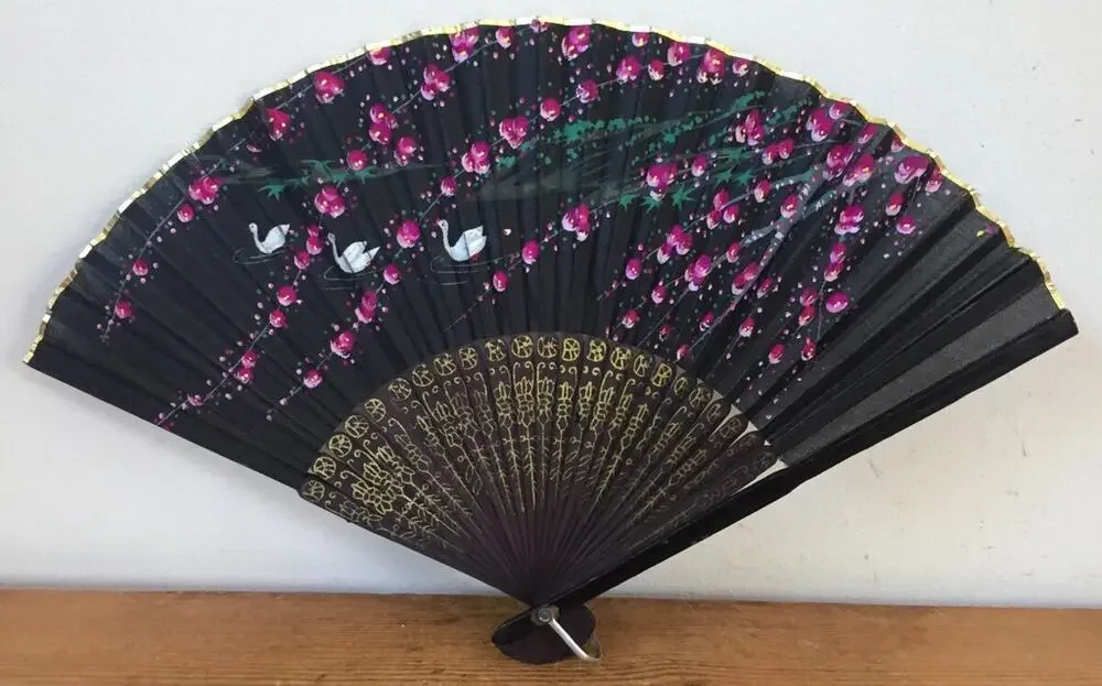 Vtg Antique Handpainted Wood Cloth Asian Japanese Chinese Sensu Fold Out Fan
